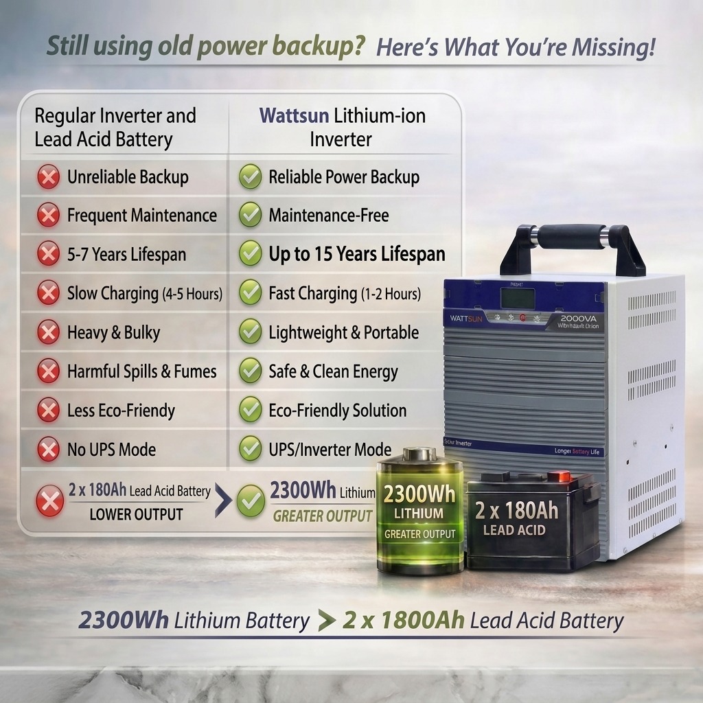 Wattsun Inverter 2KVA with Upto 15 Year Life | Integrated 2300Wh Lithium-Ion Battery | Pure Sine Wave Inverter | IP32 Water Protection | LCD Display | Compact & Portable Design | 5 Years Warranty